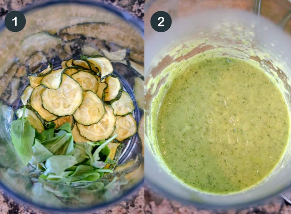 blending zucchini, basil, and pasta water into a sauce