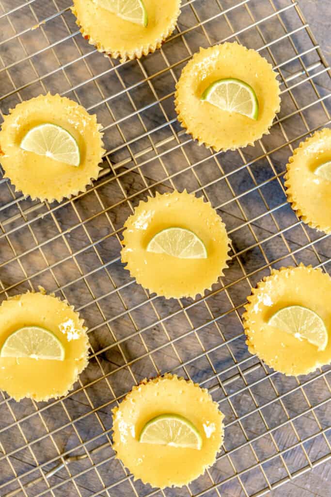an overhead shot of miniature key lime pies with key lime slices on top of them on a golden cooling rack