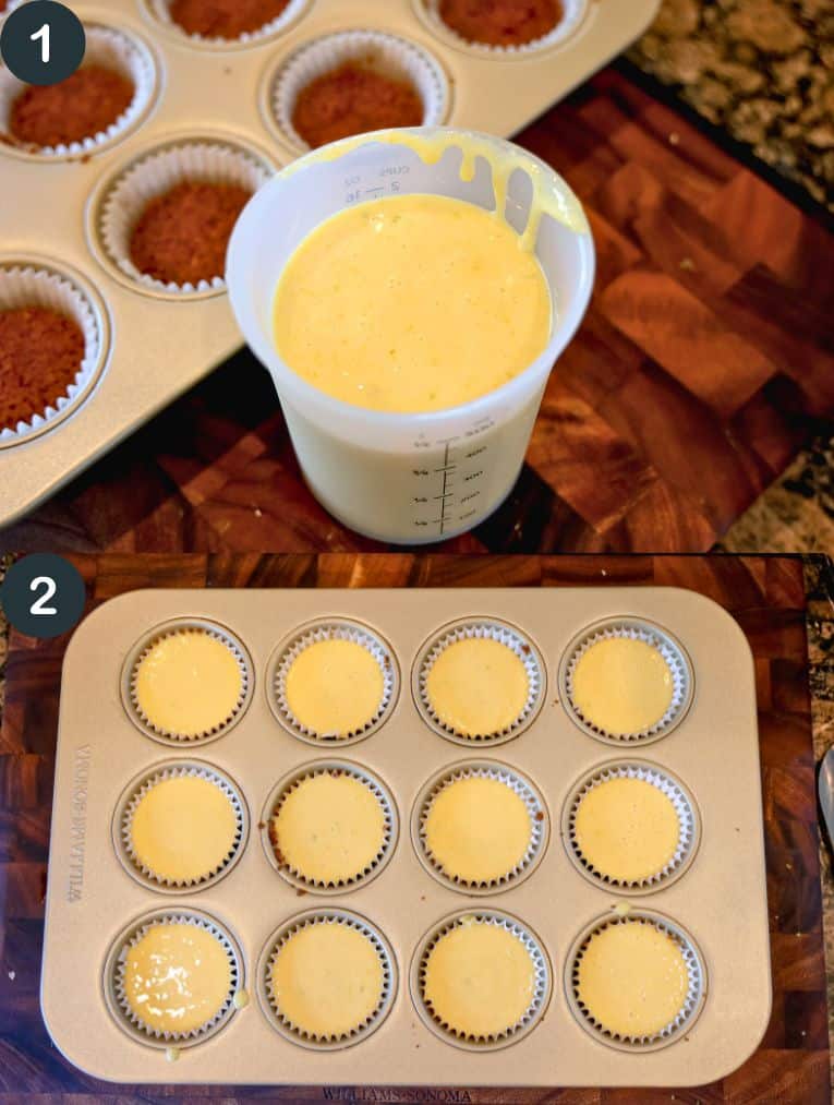filling muffin tins with key lime custard from a measuring cup
