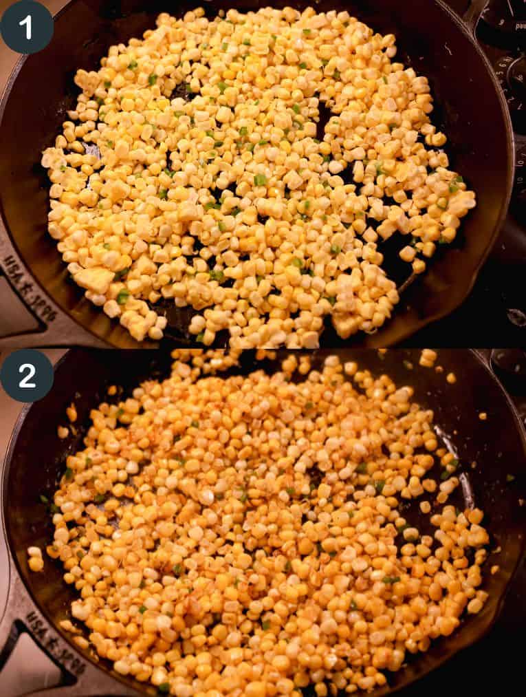 charring fresh corn kernels in a cast iron skillet