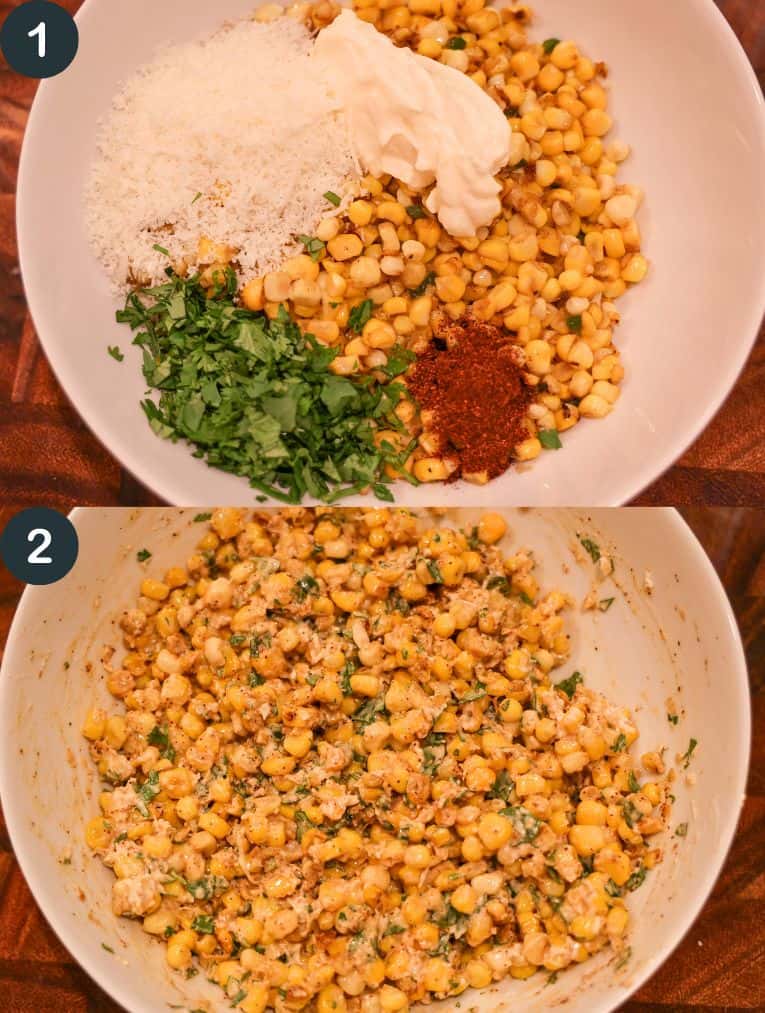 corn, cilantro, chili powder, crumbled cotija cheese, and mayo in a white bowl being mixed together on a wooden background