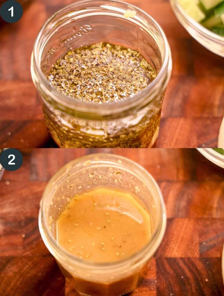 assembling Italian dressing for pasta salad in a mason jar on a wooden cutting board