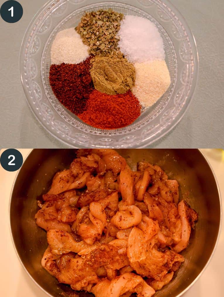 dish of spices on sliced chicken strips in a metal bowl