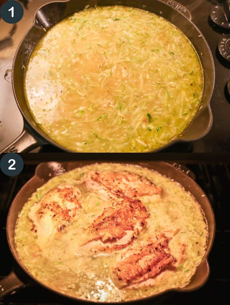 chicken breasts in zucchini rice and broth in a cast iron skillet
