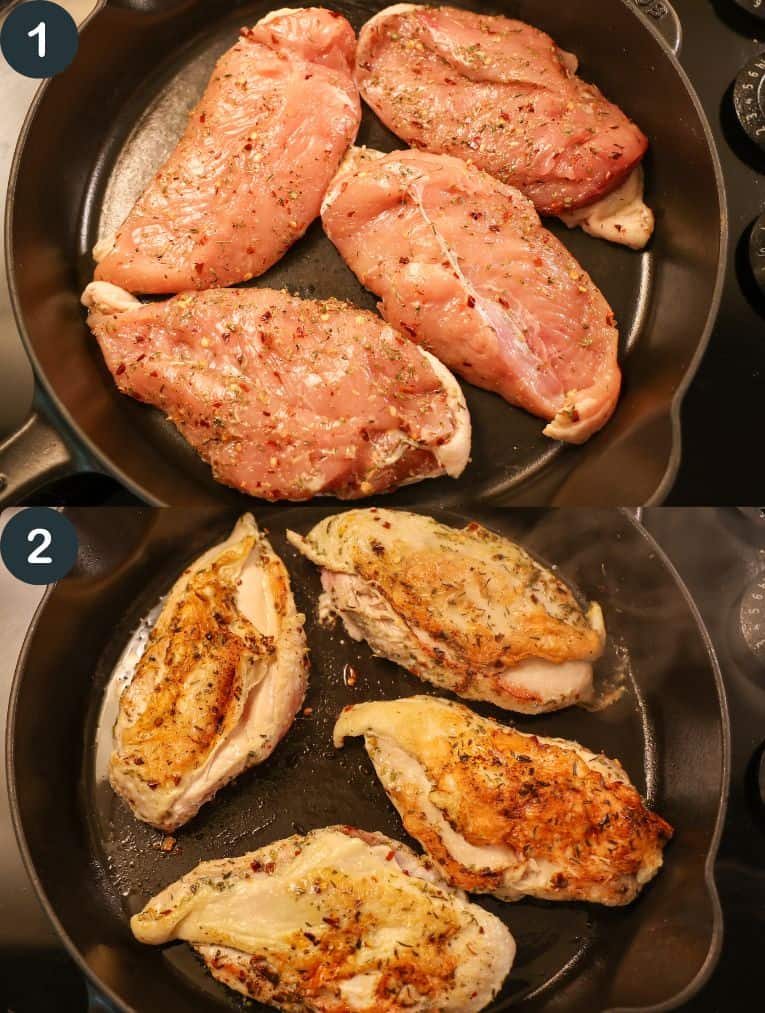 searing chicken in a cast iron skillet