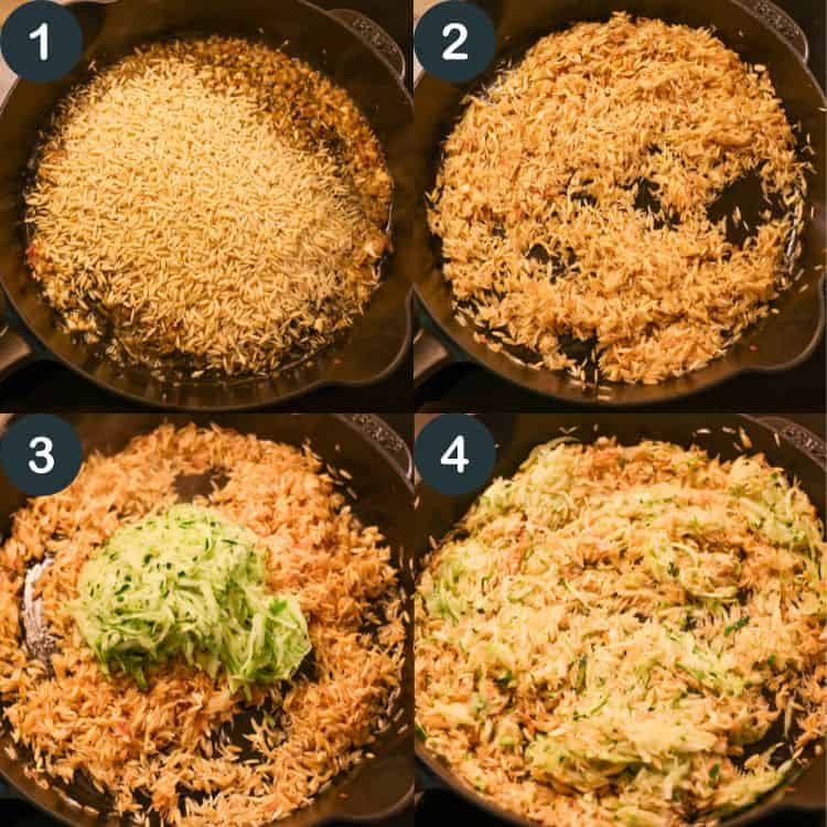 combining basmati rice, orzo, and shredded zucchini in a cast iron skillet